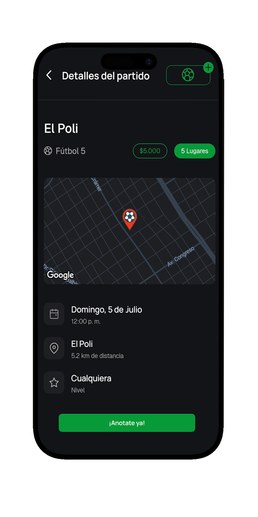 Pantalla de la app Picadito mostrando un partido abierto para unirse